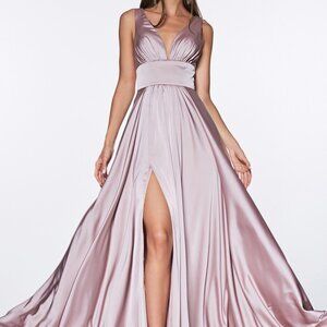 MAUVE COLOR PROM PARTY V-Neck Satin A-Line Shape Prom Dress CD7469